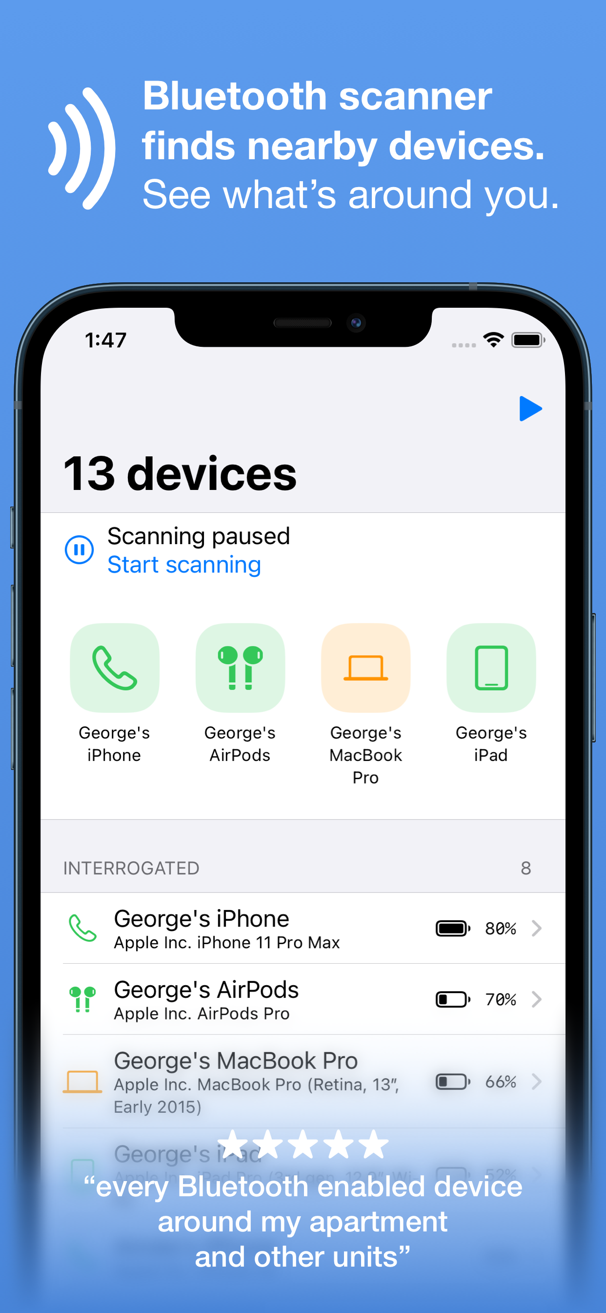 Bluetooth Inspector Bluetooth scanner finds nearby devices, see what's around you