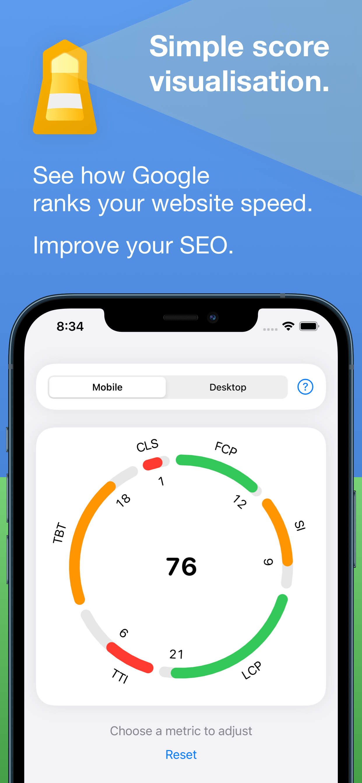 Simple score visualisation. See how Google ranks your website speed. Improve your SEO.